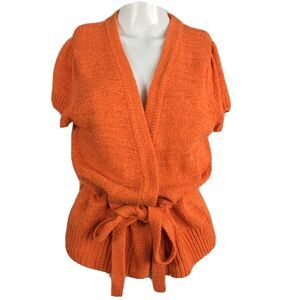 C'est City Cardigan Womens Sz L Orange Cotton Linen Knit Short Sleeve Sweater